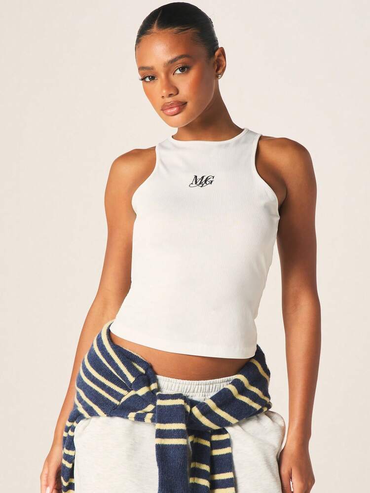 MISSGUIDED MG Branded Ribbed Halter Tank Top With Logo Detail For Casual Summer Wear