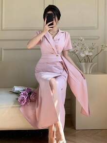 DAZY 女士优雅纯色褶裥系腰中长连衣裙，配西装领，春夏吊带裙 - 粉色 - 查看 8