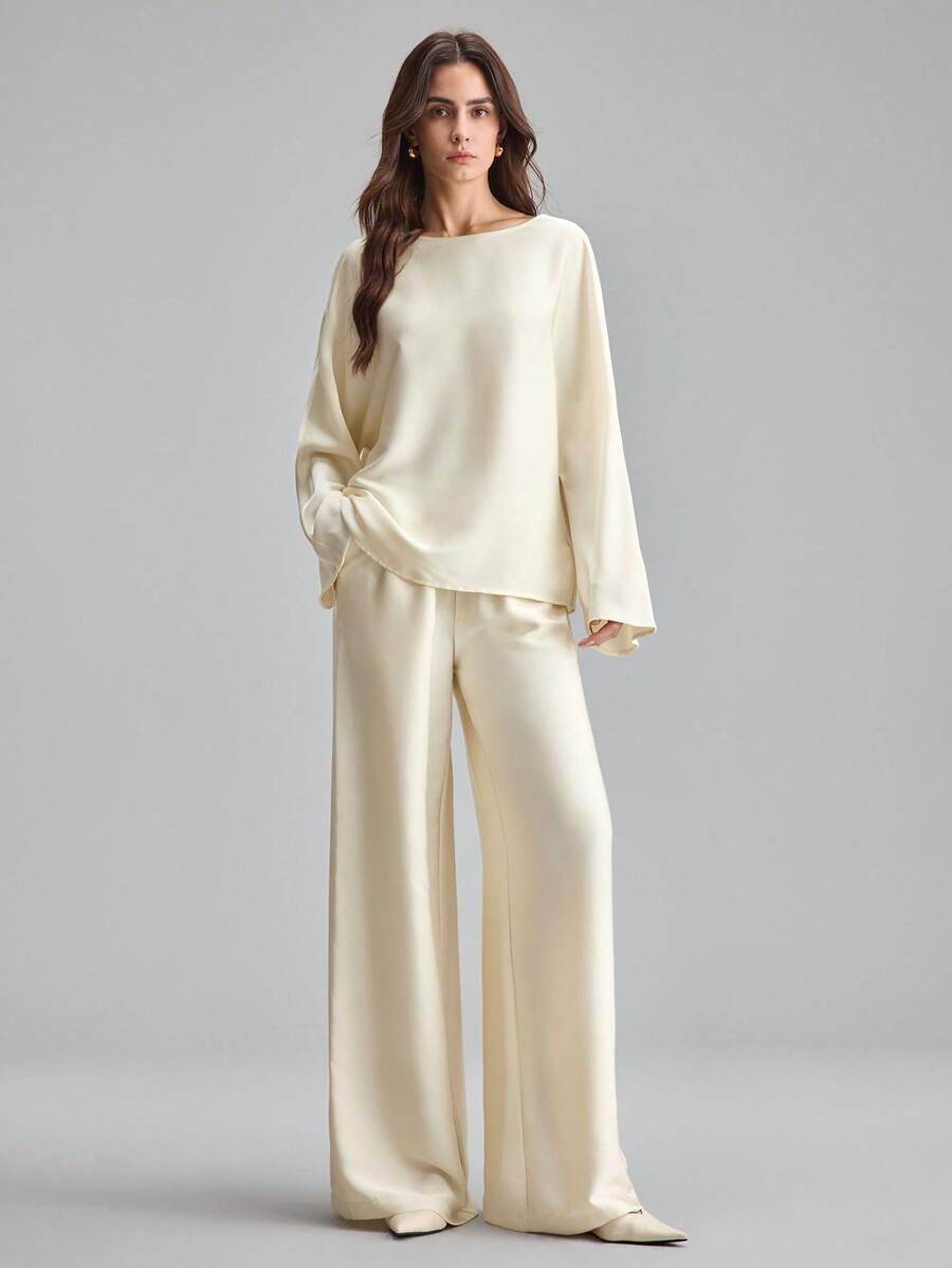 Ontre 2026 New Early Spring Pink Crinkle Satin Elastic Waist Women's Skirt, Suitable For Modern Urban Party, Back To School Season, Wedding, Casual Minimalist Fashion Daily Wear, Bohemian Style, Vacation, Festival, Spring - Apricot - View 1