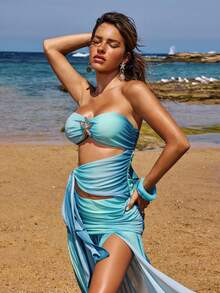 Opulessa Spring & Summer Vacation Knit Mesh Printed Fitted Hollow-Out Dress For Women - Blue - View 5