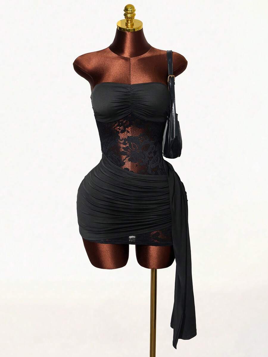 Mistrie Lace Patchwork Ruffle Waist Bodycon Mini Dress, Sexy Sleeveless Off Shoulder Hollow Out Fitted Flare Hem Dress - Black - View 1