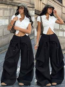 Coolane Women's Spring Streetwear Chic Y2K Casual Black Baggy Asymmetric Fake Two-Piece Parachute Pants - Black - View 3