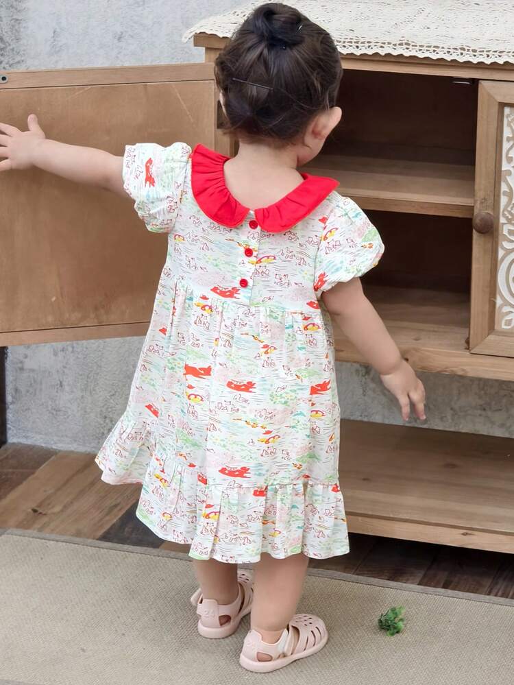 Toddler Girls' Colorblock Print Short Sleeve Casual Korean Style Dress