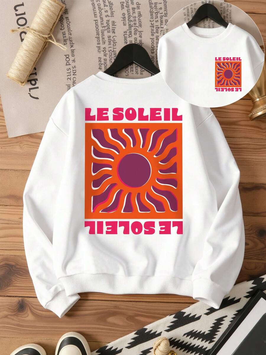 DrmWander Women's Printed Round Neck Long Sleeve Sweatshirt, Vacation Vibe Casual Top - White - View 1