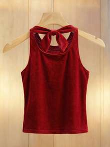 Franclia 法式复古丝绒高领高品质优雅仿珍珠女式衬衫 - 紅色 - 查看 2