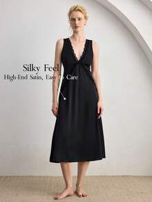 Ocili Camisón de satén suave con ribete de encaje, ropa de dormir elegante y cómoda para mujer en otoño - Negro - Ver 1