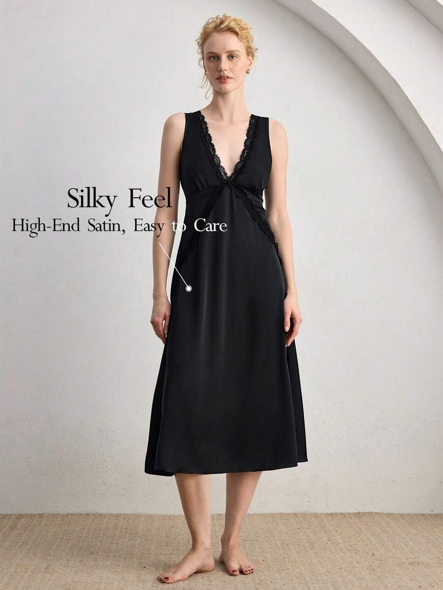 Ocili Camisón de satén suave con ribete de encaje, ropa de dormir elegante y cómoda para mujer en otoño - Negro - Ver 1