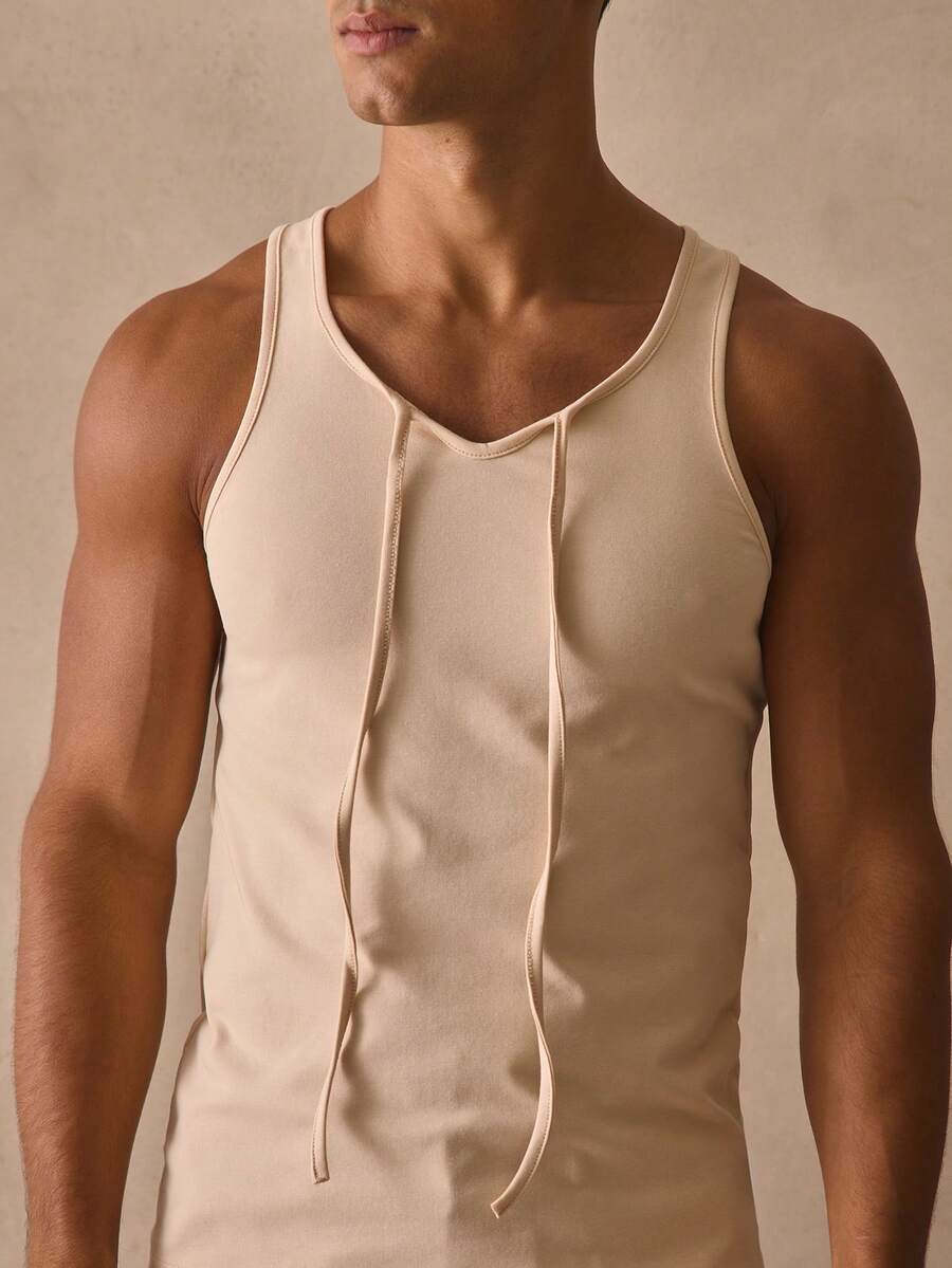 Musero Regular Fit Vest Ribbed String Cord Neckline Detailing Tank Top Sleevless Spring Summer Essentials Beach Wear - White - View 1
