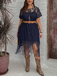 SHEIN LUNE Plus Size Solid Color Round Neck Short Sleeve Lace Tassel Dress - Navy Blue - View 7