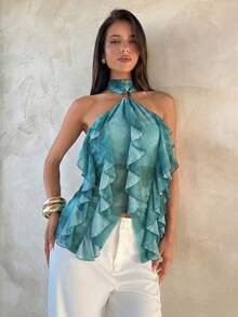 Aloruh Women's Elegant Multi-Layer Ruffle Trim Stand Collar Fitted Tank Top - Blue - View 7