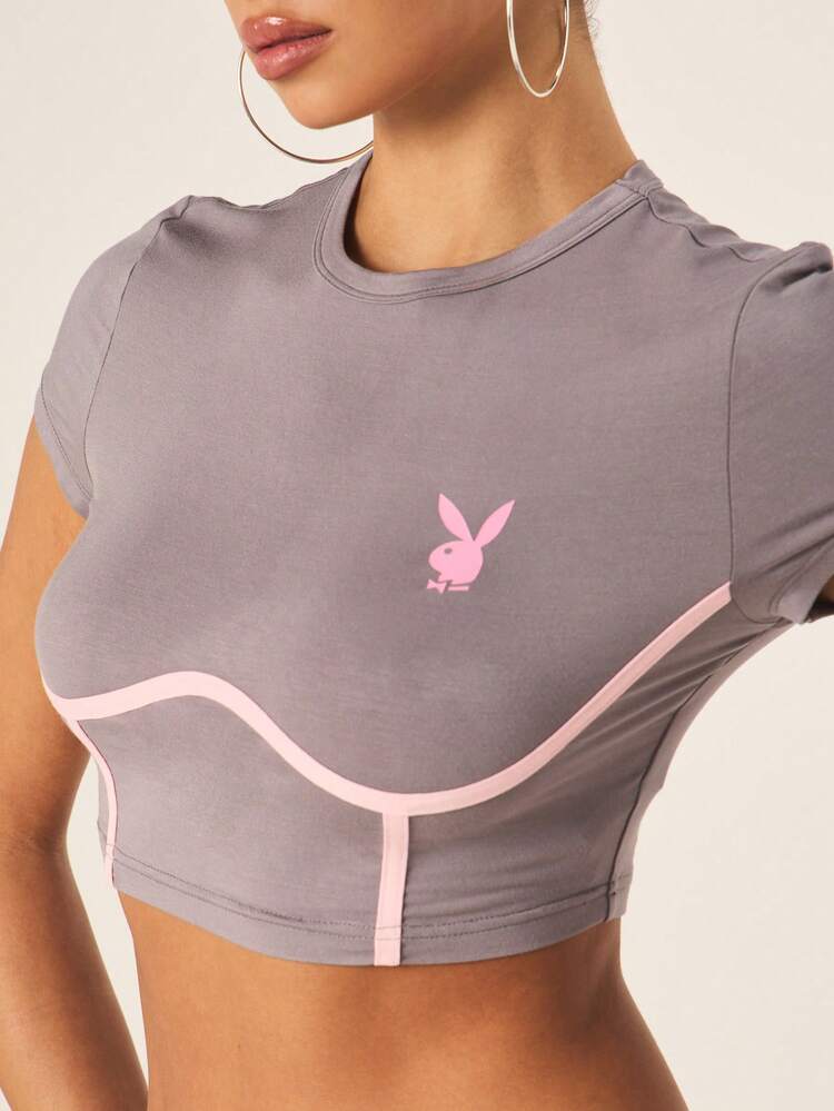 Missguided x Playboy Women's Grey Crop Top With Pink Piping Detail Short Sleeve Corset Style Fitted Tee Cropped T-Shirt