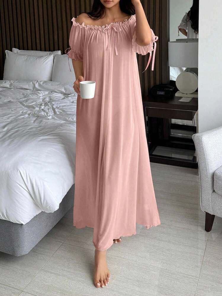 Charming Sheer Mesh Off Shoulder Ruffle Hem Dress, Sexy Nightgown For Women, Suitable For Spring And Summer