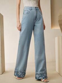 Anewsta New Fashion Jacquard Women Blue Denim Straight Leg Pants Pants Jeans Women's Jeans Wide Leg Jeans - Blue - View 5