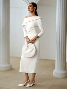 ZEYLAH Elegant Waist-Cinched Asymmetrical Shoulder 3/4 Sleeve Dress, Spring/Summer - White - View 4