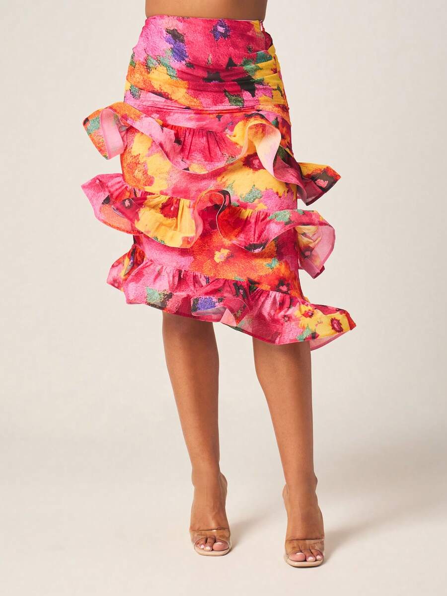 MISSGUIDED Women's Pink Floral Floral Printed Ruffle Midi Skirt With Tiered Frills And High Waist Design For Spring Summer Occasions Vacation Sexy - Multicolor - View 1