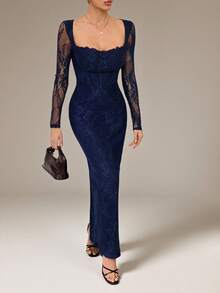 SHEIN Tall Đầm maxi đen ôm sát cơ thể, dài tay, dáng chữ S, chất liệu ren, có gọng nâng ngực, cổ vuông, ôm sát, dành cho nữ, thích hợp cho các buổi tiệc mùa hè, hẹn hò. - Màu xanh hải quân - Xem 6