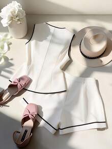 GlowEve 女士夏季撞色滚边开襟吊带背心和短裤两件套 - 杏色 - 查看 2