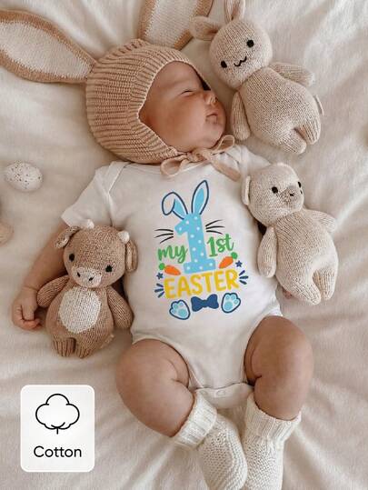 SHEIN New Born Infant Baby Boys Letter Slogan Bodysuit, White Short Sleeve Neutral Newborn Outfit, Infant Unisex , All Season, Rabbit Pattern Slogan Baby Boy Easter Outfit My First Easter Outfit Baby Boy