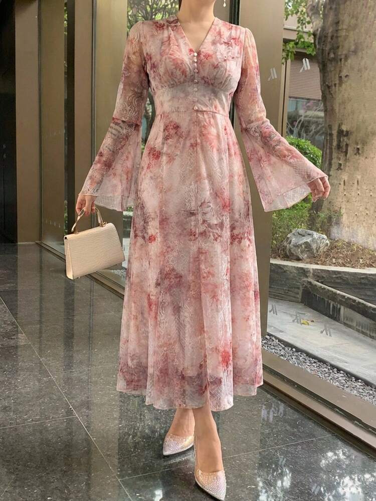 Women's V-Neck Printed Waist Flared Sleeve Loose Dress, Tie Dye Design, Spring/Summer Sundress
