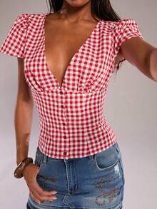 SHEIN BAE 樱桃红格子V领短袖衬衫，乡村甜美风，休闲衬衫，可爱衬衫，通勤休闲衬衫，伊比沙岛风，夏季衬衫，乡村女孩，音乐节 - 紅色 - 查看 8