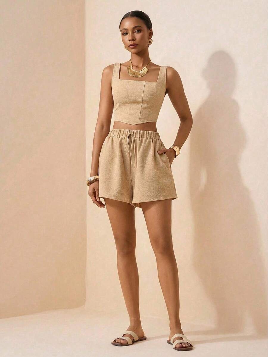 Zivah 2026春夏新款音乐节、复活节、圣帕特里克节、情人节、约会、西部风、游牧风、生日派对、毕业典礼、校园风、机场、派对、节日装扮两件套：纹理面料鱼骨背心和带口袋的阔腿短裤