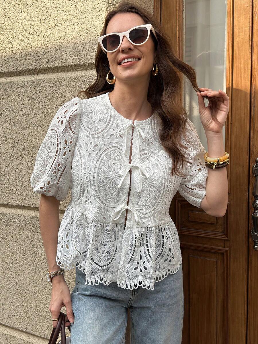 Solivie Women's Front Tie Petal Sleeve Cute Embroidered Vacation Elegant Blouse, Valentine's Day Outfit - White - View 1