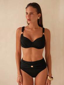 Swim Chiccia Conjunto de bikini de triángulo con tirantes gruesos y ajustables en la espalda, en unicolor, con decoración dorada para mujer - Negro - Ver 1