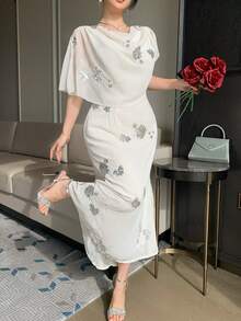 DAZY Women's Elegant Long Dress With Plunging Neckline And Textured Fabric - Apricot - View 1