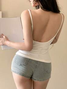 DAZY 女款極簡純色露背細肩帶背心夏季上衣 - 白色 - 查看 9