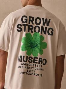 Musero 宽松落肩短袖圆领上衣，后背大号“GROW STRONG”花卉图案T恤，春夏必备单品 - 駝色 - 查看 2