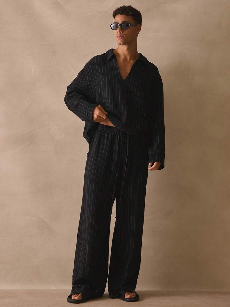 Musero Sold As One V Neck Long Sleeve Shirt Wide Leg Trouser Pant Striped Set Spring Summer Essentials - Black - View 4
