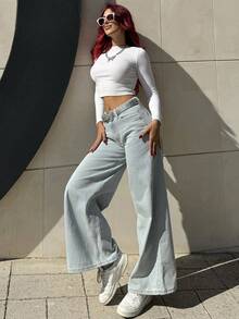 Bearsaez 女式低腰直筒牛仔裤休闲裤 - 淺色水洗藍 - 查看 2