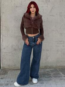 Bearsaez 时尚街头风格女士仿皮毛拉链长袖夹克 - 棕色 - 查看 5