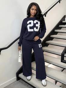 Alexandranx 2pcs/Set Women Casual Numeric Print Long Sleeve Top And Long Pants Set Y2k - Navy Blue - View 6