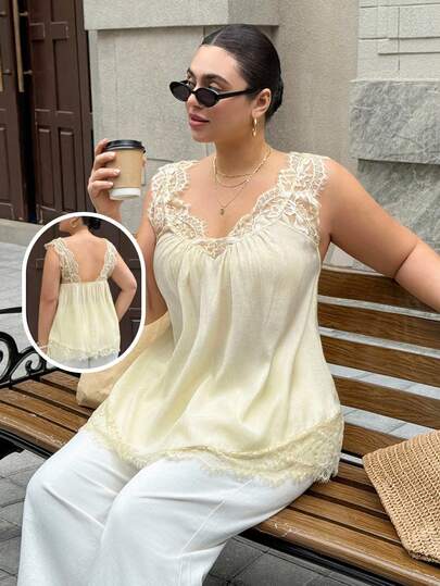Dripcurv Plus-Size Women's Summer Cream Yellow Lace-Trimmed Top, Casual Vacation Top, Loose A-Line Silhouette.,Summer Outfits,Vacation Outfits Women,Summer Top