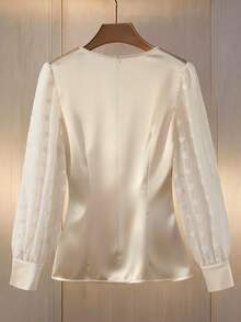 Franclia 女士缎面交叉腰带薄纱袖衬衫 - 杏色 - 查看 2