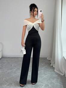 Elenzga Conjunto de 2 piezas con top de hombros descubiertos con parches de malla y pantalones rectos para mujer - Negro - Ver 1