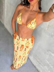 Bonvoyette 3 Stück/Set Damen bescheidener Strandoutfit, verstellbare Träger Top & Bindeseiten Hose, zufälliger Ozean Tier Muster, Badeanzug & Rock Bikini Set Damen Urlaubsoutfit Sets Pool Outfits für Frauen Damen Strandoutfits mit gelben Meereselementen Muscheln Seesterne Festival Outfits für Frauen Party Outfit, Strandoutfits Hochzeitsgast Kleid für Frauen Elegante Kleider für Frauen - Verschiedenfarbig - Übersicht 2