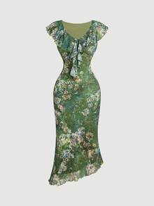 Vestido midi ajustado con estampado floral, parches y volantes en el bajo - Verde - Ver 3