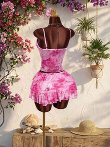 Amplova 女士两件套印花套装 - 粉色印花荷叶边V领吊带背心和荷叶边半裙，度假/休闲女士两件套夏季服装，度假套装，女士两件套，女士夏季两件套，粉色度假套装 - 淺粉色 - 查看 10