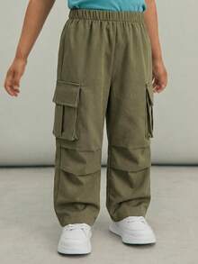 SHEIN 男童宽松休闲舒适纯色梭织工装裤 - 軍綠色 - 查看 4