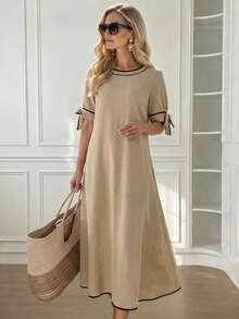 Miaspire 女士撞色圆领常规肩部短袖宽松长连衣裙，休闲百搭，适合春夏度假、外出等场合。 - 彩色 - 查看 1