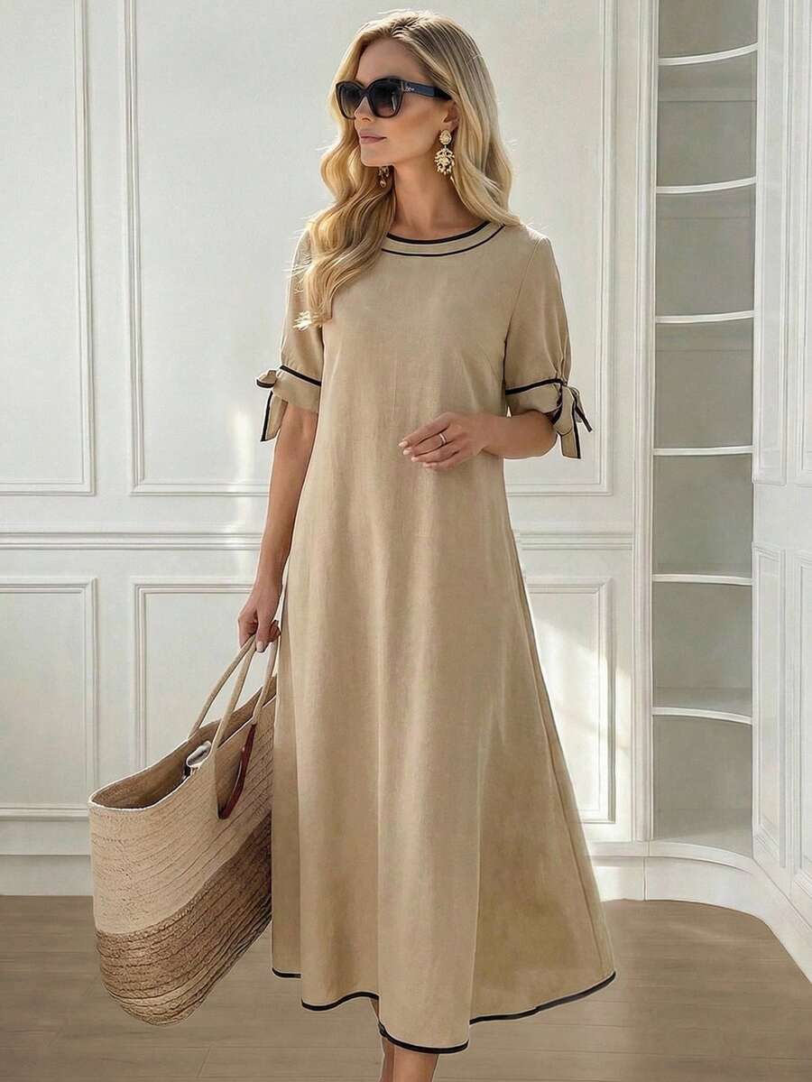 Miaspire 女士撞色圆领常规肩部短袖宽松长连衣裙，休闲百搭，适合春夏度假、外出等场合。 - 彩色 - 查看 1