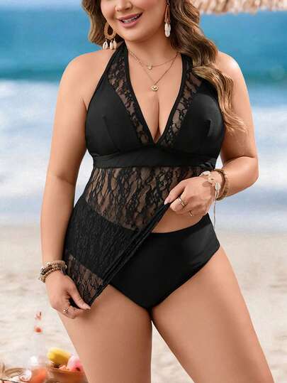 Swim Lushoire Plus Size Women's 2pcs Set Solid Color Camisole Lace Patchwork Top & High Waist Bikini Bottom, Mature Casual Vacation Minimalist Tankini