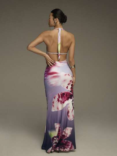 COSMINA 女士优雅印花露背吊带长裙，适合春季、度假、约会、情人节、浪漫婚礼、婚礼宾客等场合