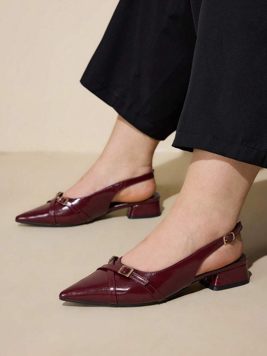 CUCCOO CURVES Women's Pointed Toe Buckle Design Everyday Versatile Fashion Wide Fit High Heels - Red - View 1