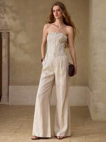 MOTF PREMIUM 女士亚麻混纺舒适休闲喇叭西装裤，春夏款 - 杏色 - 查看 6