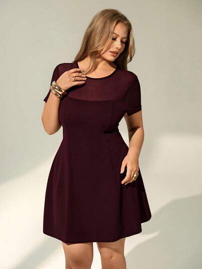Auralis Plus Size Women Solid Color Round Neck Elegant Waist Cinched Short Sleeve Dress, Suitable For Dates And Parties