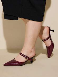 CUCCOO CURVES Women's Pointed Toe Buckle Design Everyday Versatile Fashion Wide Fit High Heels - Burgundy - View 4