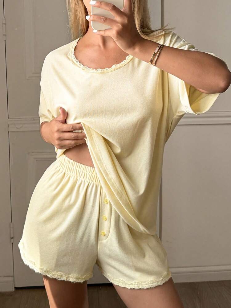 Women's Sweet Lace Patchwork Pajama Set, Summer